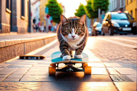 Beautiful cat on a skateboard in the city at sunset.の素材