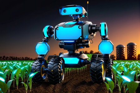 3d rendering of a robot on a field with crops in the backgroundの素材