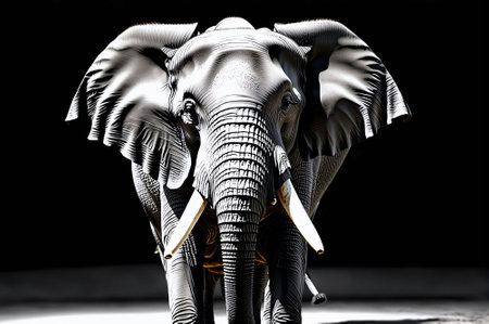 A large elephant is walking through a desert with two other elephants in the background. The scene is peaceful and serene, with the elephants moving slowly through the dry, arid landscapeの素材