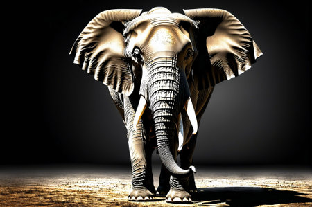 A large elephant is walking through a desert with two other elephants in the background. The scene is peaceful and serene, with the elephants moving slowly through the dry, arid landscapeの素材