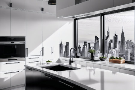 A kitchen with a view of the city skyline. The kitchen is very clean and modern, with white cabinets and a large countertop. There are two sinks and a dishwasher, and a potted plant is on the counterの素材