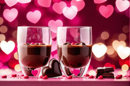 Two glasses of chocolate drink with a heart shaped chocolate on the tableの素材