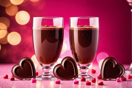 Two glasses of chocolate drink with a heart shaped chocolate on the tableの素材