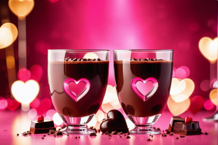 Two glasses of chocolate drink with a heart shaped chocolate on the tableの素材