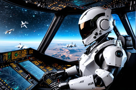 A woman in a white suit with a helmet on her head is piloting a fighter jet. The scene is set in a desert with mountains in the background. The woman is looking out the cockpit windowの素材