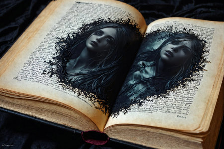 A book is open on the ground in a forest. The book is a Bible and the pages are white. The forest is dark and the book is the only light sourceの素材