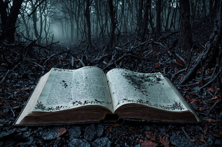 A book is open on the ground in a forest. The book is a Bible and the pages are white. The forest is dark and the book is the only light sourceの素材