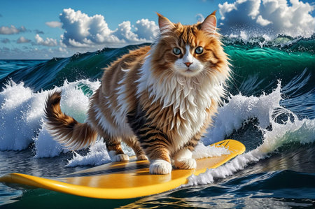 A cat is surfing on a yellow surfboard in the ocean. The cat is standing on the surfboard and looking out into the waterの素材