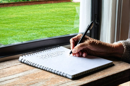 A person is writing in a notebook. The notebook is open to a page with a black penの素材