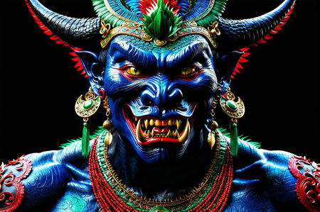 A blue monster with horns and red eyes. The monster is wearing a necklace and a bracelet. The monster has a menacing look on its faceの素材