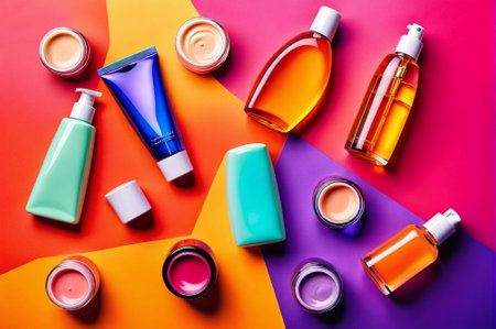 A colorful array of makeup products, including a brush, a bottle of lotion, and a jar of powderの素材