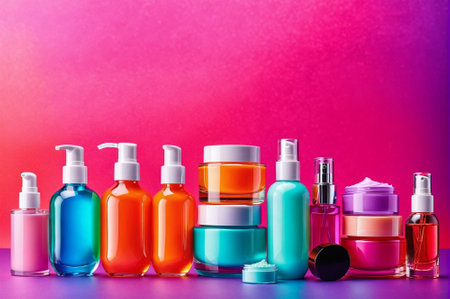 A colorful array of makeup products, including a brush, a bottle of lotion, and a jar of powderの素材