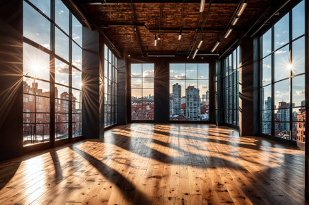 A large open room with a wooden floor and a table with chairs. The room is well lit and has a modern feelの素材