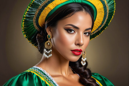 A woman wearing a colorful headdress and red lipstick. She is wearing a necklace and earringsの素材
