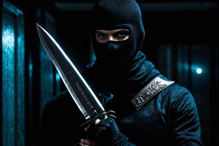 A man in a black mask holding a knife. The image has a dark and ominous mood. The man's face is hidden, but the knife is clearly visible, suggesting that he is a dangerous and menacing figureの素材