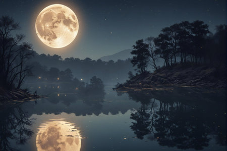 A large moon is reflected in the water of a lake. The scene is peaceful and serene, with the moon casting a soft glow on the water. The trees surrounding the lake add to the calm atmosphereの素材