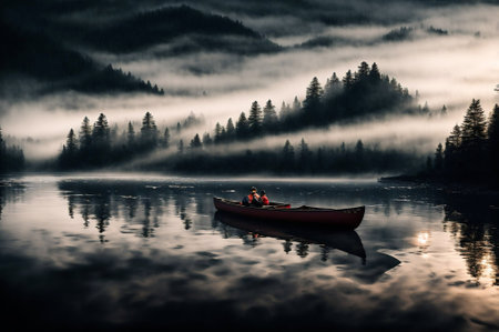A red canoe sits in a lake surrounded by trees. The scene is peaceful and serene, with the water reflecting the trees and the skyの素材