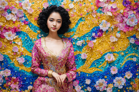 A woman is standing in front of a wall covered in flowers. She is wearing a blue dress with a flower patternの素材