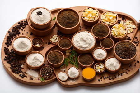 A variety of spices and ingredients are laid out on a table, including a jar of honey and a wooden spoon. Concept of warmth and comfort, as the ingredients are often used in cookingの素材