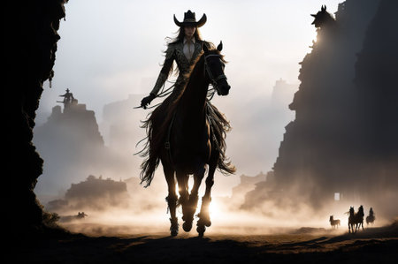 A man is riding a horse in a foggy, dark setting. The horse is covered in a lot of rope, giving it a creepy appearance. The man is wearing a cowboy hat and he is a character from a horror movieの素材