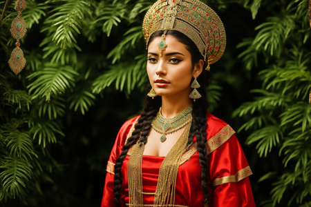 A woman wearing a yellow and red costume with a red headpiece. She is standing in front of green leavesの素材
