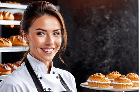 A woman in a chef's uniform is smiling and holding a tray of cupcakes. The cupcakes are displayed on a counter, and the woman is proud of her work. Concept of warmth and happinessの素材