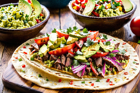 A plate of food with a tortilla wrap and a variety of vegetables including tomatoes, onions, and avocadoの素材