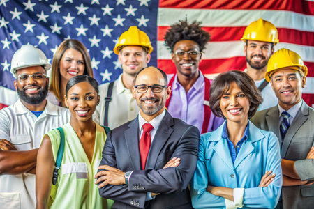 A group of people wearing hard hats and smiling for a photo. Concept of camaraderie and teamwork among the workersの素材
