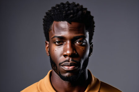 A man with a beard and a shaved head is wearing a yellow shirt. He has a serious expression on his faceの素材