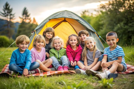 A group of children are sitting around a tent in a grassy field. They are smiling and seem to be enjoying their time togetherの素材