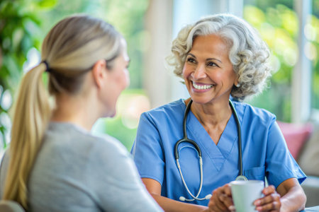 A woman in a blue scrubs is talking to a woman in a gray shirtの素材