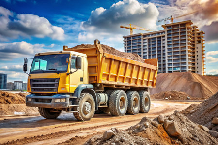A large yellow dump truck is driving down a dirt road near a construction site. Concept of hard work and progressの素材