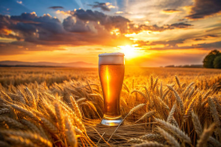 A glass of beer is sitting in a field of wheat. The sun is setting in the background, casting a warm glow over the scene. Concept of relaxation and enjoymentの素材