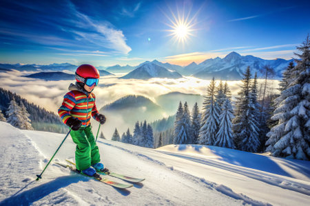 A young child is skiing down a snowy mountain slope. The child is wearing a red helmet and is skiing with a pair of skis. The scene is peaceful and sereneの素材