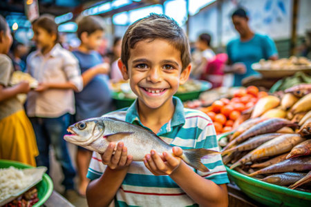 A young boy is holding a fish in his hand and smiling. Concept of joy and innocence, as the boy appears to be proud of his catch. The scene takes place in a marketの素材