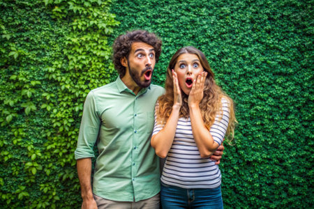 A man and woman are standing in front of a green wall, with the woman looking shocked and the man looking surprisedの素材