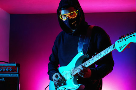 A man in a black hoodie is playing a guitar with a neon green color. He is wearing a mask and glassesの素材