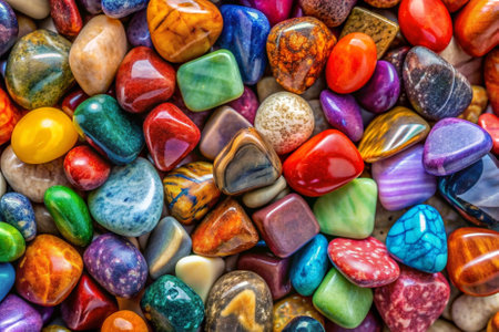 A pile of colorful stones and crystals. The stones are of different shapes and sizes, and they are arranged in a way that creates a visually appealing pattern. The colors of the stones are vibrantの素材