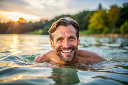 A man is smiling and laughing while swimming in the ocean. Scene is happy and carefreeの素材