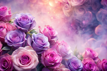 A bouquet of purple roses is displayed in a room with a purple background. The flowers are arranged in a way that they are all facing the same direction, creating a sense of harmony and balanceの素材