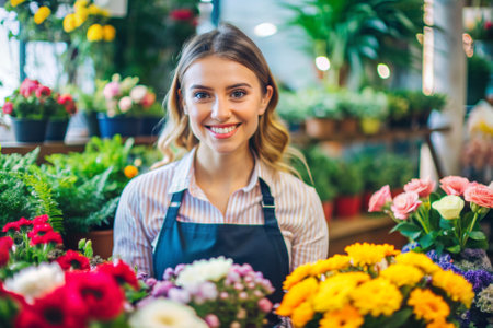A woman is standing behind a table full of flowers and plants. She is wearing a green apron and a blue shirtの素材