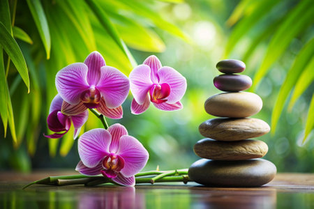 A group of pink orchids are placed on top of a stack of rocks. The scene is serene and peaceful, with the flowers and rocks creating a calming atmosphereの素材