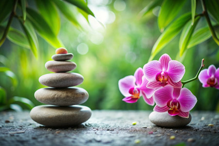 A group of pink orchids are placed on top of a stack of rocks. The scene is serene and peaceful, with the flowers and rocks creating a calming atmosphereの素材