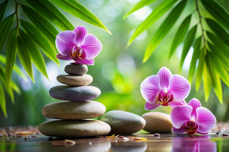 A group of pink orchids are placed on top of a stack of rocks. The scene is serene and peaceful, with the flowers and rocks creating a calming atmosphereの素材