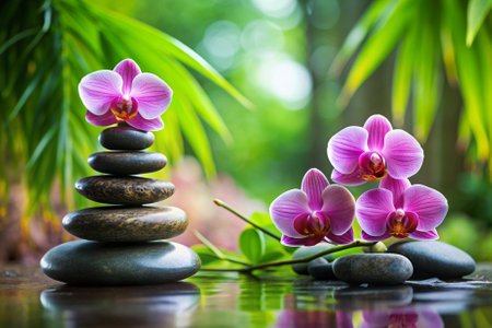 A group of pink orchids are placed on top of a stack of rocks. The scene is serene and peaceful, with the flowers and rocks creating a calming atmosphereの素材
