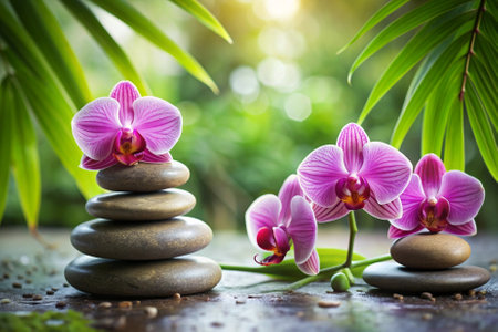 A group of pink orchids are placed on top of a stack of rocks. The scene is serene and peaceful, with the flowers and rocks creating a calming atmosphereの素材