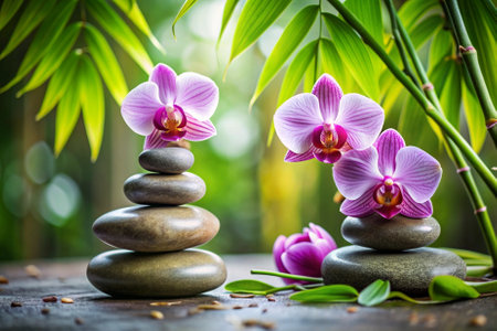 A group of pink orchids are placed on top of a stack of rocks. The scene is serene and peaceful, with the flowers and rocks creating a calming atmosphereの素材