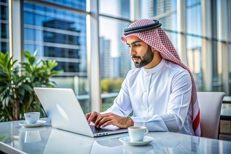 A man wearing a white shirt and a turban is sitting at a table with a laptop in front of him. He is smiling and he is enjoying his workの素材