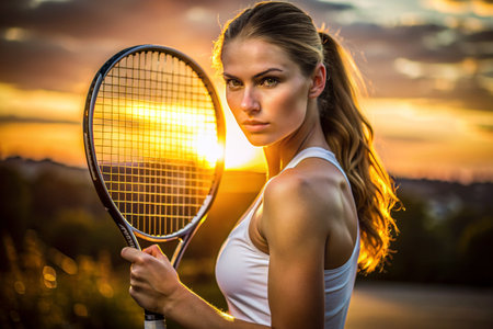 A woman is holding a tennis racket and wearing a white shirt. She is standing in front of a sunsetの素材