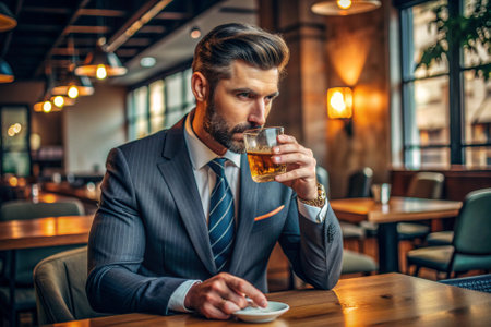 A man in a suit is sitting at a table with a glass of whiskey in front of him. He is in a contemplative mood, possibly reflecting on his day or enjoying a moment of relaxationの素材